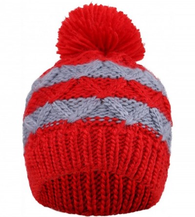 Skullies & Beanies Boys Girls Kids Knit Beanie with Pompom Toddlers Winter Hat Cap - Red/Grey With Fleece - CE18536UOIE $21.35