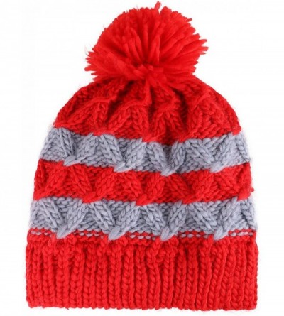 Skullies & Beanies Boys Girls Kids Knit Beanie with Pompom Toddlers Winter Hat Cap - Red/Grey With Fleece - CE18536UOIE $21.35