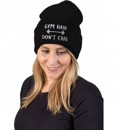 Skullies & Beanies Embroidered Beanie Dog Mom Gym Sports Holiday Knitted Hat Skull Cap - Gym Hair Don't Care - Black - CJ18SS...