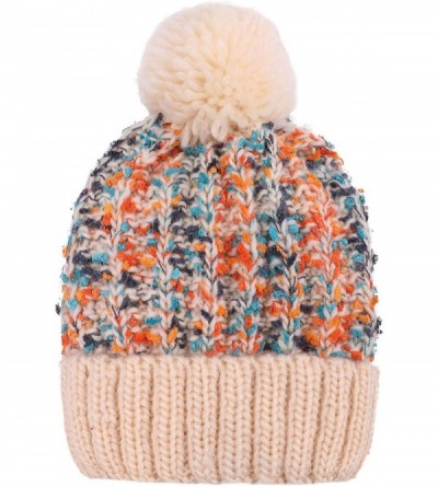 Skullies & Beanies Women's Winter Soft Knit Beanie Hat with Faux Fur Pom Pom - Fleece Lined_mix Beige - C6193MNXZZC $17.17