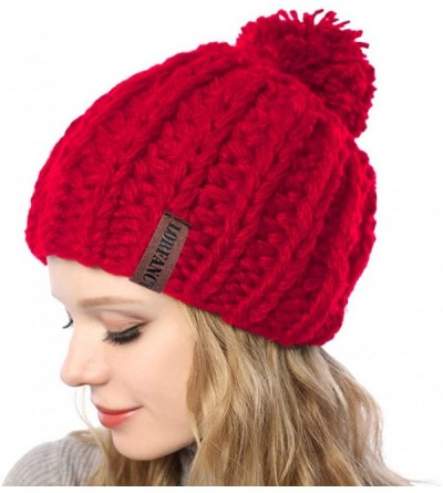 Skullies & Beanies Winter Knit Hat for Women Warm Chunky Pom Pom Beanie Ski Snow Outdoor Cap for Women Teen Girls - Red - CU1...
