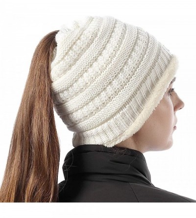 Skullies & Beanies Womens Ponytail Beanie Hats Warm Fuzzy Lined Soft Stretch Cable Knit Messy High Bun Cap - White - C818IOX8...