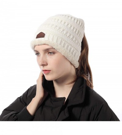 Skullies & Beanies Womens Ponytail Beanie Hats Warm Fuzzy Lined Soft Stretch Cable Knit Messy High Bun Cap - White - C818IOX8...