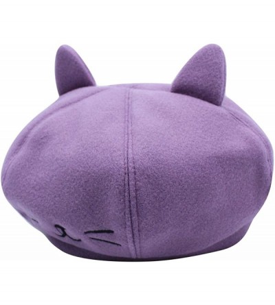 Berets Cute Cat Ear French Beret Pu Leather Casual Classic Solid Color Winter Warm Cap Beanie for Boys Girls - Purple - CV192...