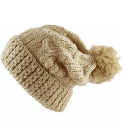 Skullies & Beanies Thick Crochet Knit Pom Pom Beanie Winter Ski Hat - Beige - C0127R5R7W1 $26.51