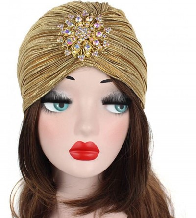 Skullies & Beanies Women's 20S Gatsby Turban Hat Noble Ruffle Glitter Pleated Stretch Head Wraps Chemo Cap - B-dark Gold - CO...