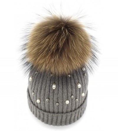 Skullies & Beanies Girls Winter Knitted Beanie Hat Real Fur Pom Pearls Womens Warm Cap - Grey - C518KNHSCIU $26.56