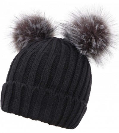 Skullies & Beanies Men & Women's Cable Knit Beanie with Faux Fur Pompom Ears - Black/Grey - CF18804620X $11.51
