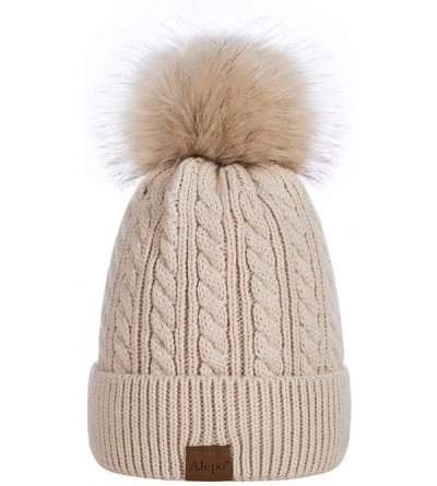 Skullies & Beanies Womens Winter Beanie Hat- Warm Fleece Lined Knitted Soft Ski Cuff Cap with Pom Pom - Oatmeal - CX18XCZCY20...
