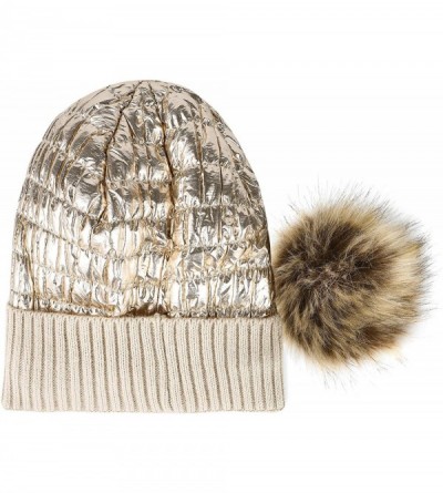 Skullies & Beanies Winter Knit Hats for Women Thick Pom Pom Metallic Shiny Beanies Ski Cap - Khaki Pale Gold - CX18ACGDKLN $8.69