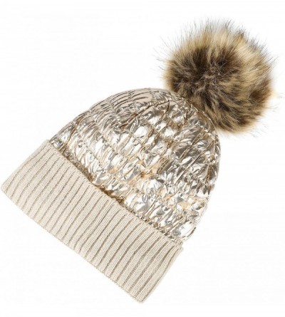 Skullies & Beanies Winter Knit Hats for Women Thick Pom Pom Metallic Shiny Beanies Ski Cap - Khaki Pale Gold - CX18ACGDKLN $8.69