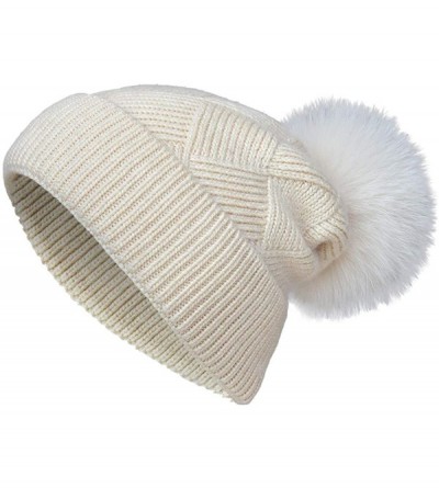 Skullies & Beanies Winter Hats for Women Fur Pom Pom Hats Knitted Cuff Bobble Beanie Warm Wool Ski Cap - Beige+beige Fox Pomp...
