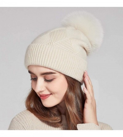Skullies & Beanies Winter Hats for Women Fur Pom Pom Hats Knitted Cuff Bobble Beanie Warm Wool Ski Cap - Beige+beige Fox Pomp...