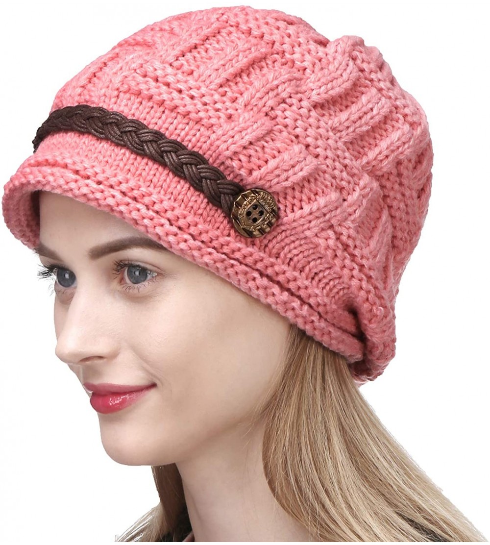 Skullies & Beanies Fashion Winter Warm Knit Beanie Crochet Cap Hat with Leather Strap - Pink - C111HSN7KL1 $10.08