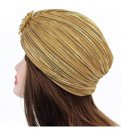 Skullies & Beanies Women's 20S Gatsby Turban Hat Noble Ruffle Glitter Pleated Stretch Head Wraps Chemo Cap - B-dark Gold - CO...