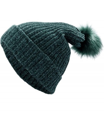 Skullies & Beanies Womens Beanie Hat-Thick Chunky Cable Winter Velvet Knit Cap with Faux Fur Pom - Green - CK18K5OQ2RX $15.30