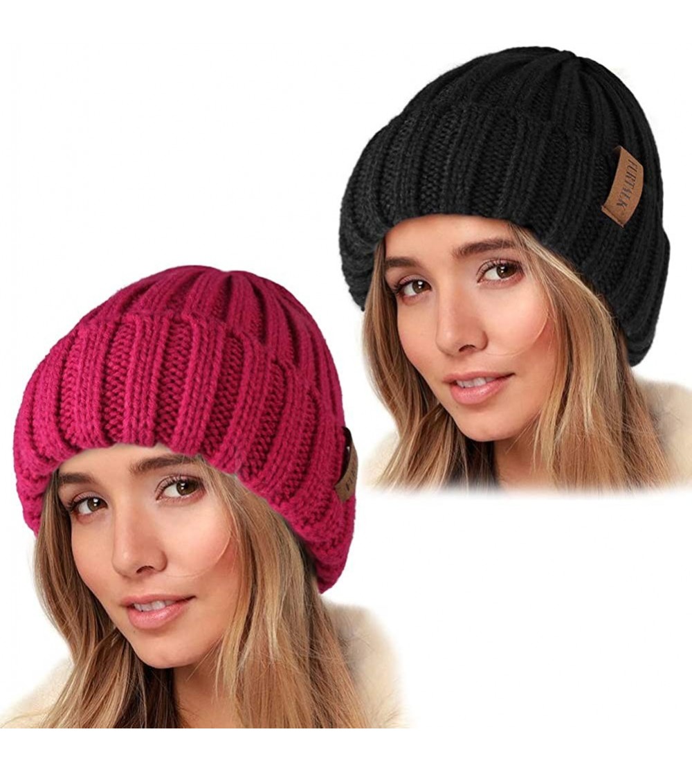 Skullies & Beanies Knit Beanie Hats for Women Men Double Layer Fleece Lined Chunky Winter Hat - Z-black/Garnet Red 2pcs - CR1...