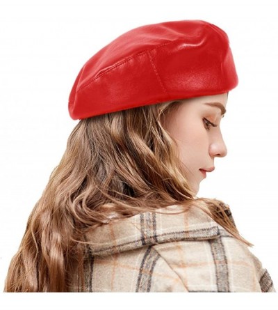 Berets Fashion Leather Beret French Artist Adjustable Beanie Cap Style Solid Hats for Women Lady Girls - Leather Red - C618A6...