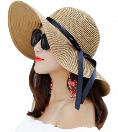 Sun Hats Women Wide Brim Straw Sun Hat Floppy Foldable Roll up Cap Beach Summer Hats UPF 50+ - Khaki - CI1944QHD54 $15.92