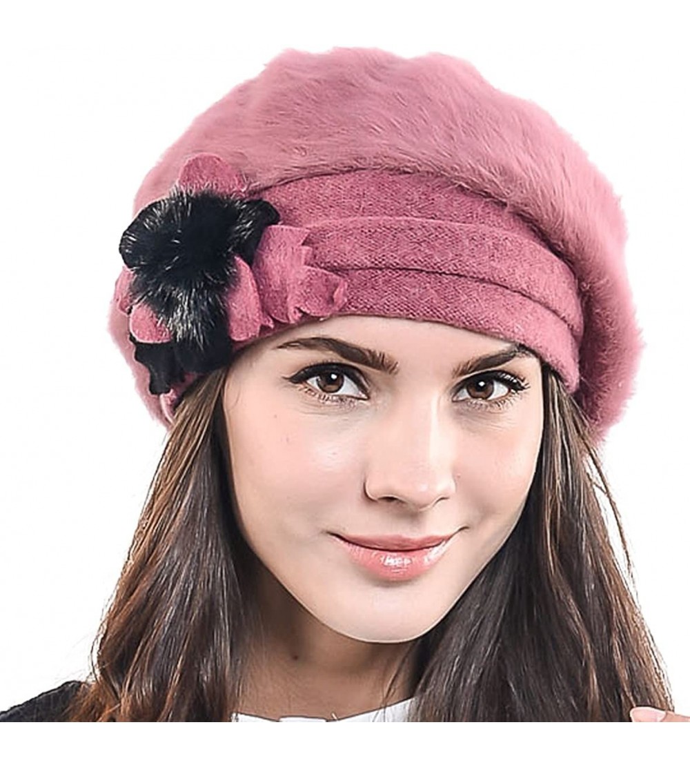 Berets Lady French Beret Wool Beret Chic Beanie Winter Hat Jf-br022 - Br022-pink-angora - C8128KOIOOX $24.07