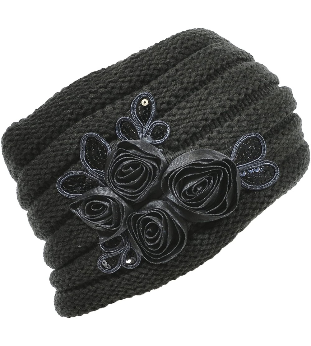 Cold Weather Headbands Women's Floral Knitted Headband Sequins Satin Headwrap - Gray. - CI12GUFW2HJ $12.23