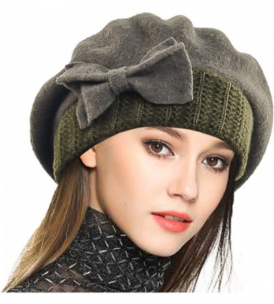Berets Lady French Beret 100% Wool Beret Floral Dress Beanie Winter Hat - Bow-green - CT12NZQ4MKH $10.39