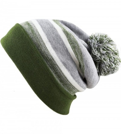 Skullies & Beanies Winter Soft Unisex Cuff Pom Pom Stripe Knit Beanie Skull Slouch Hat - Olive-grey - CM18ISAKITN $8.87