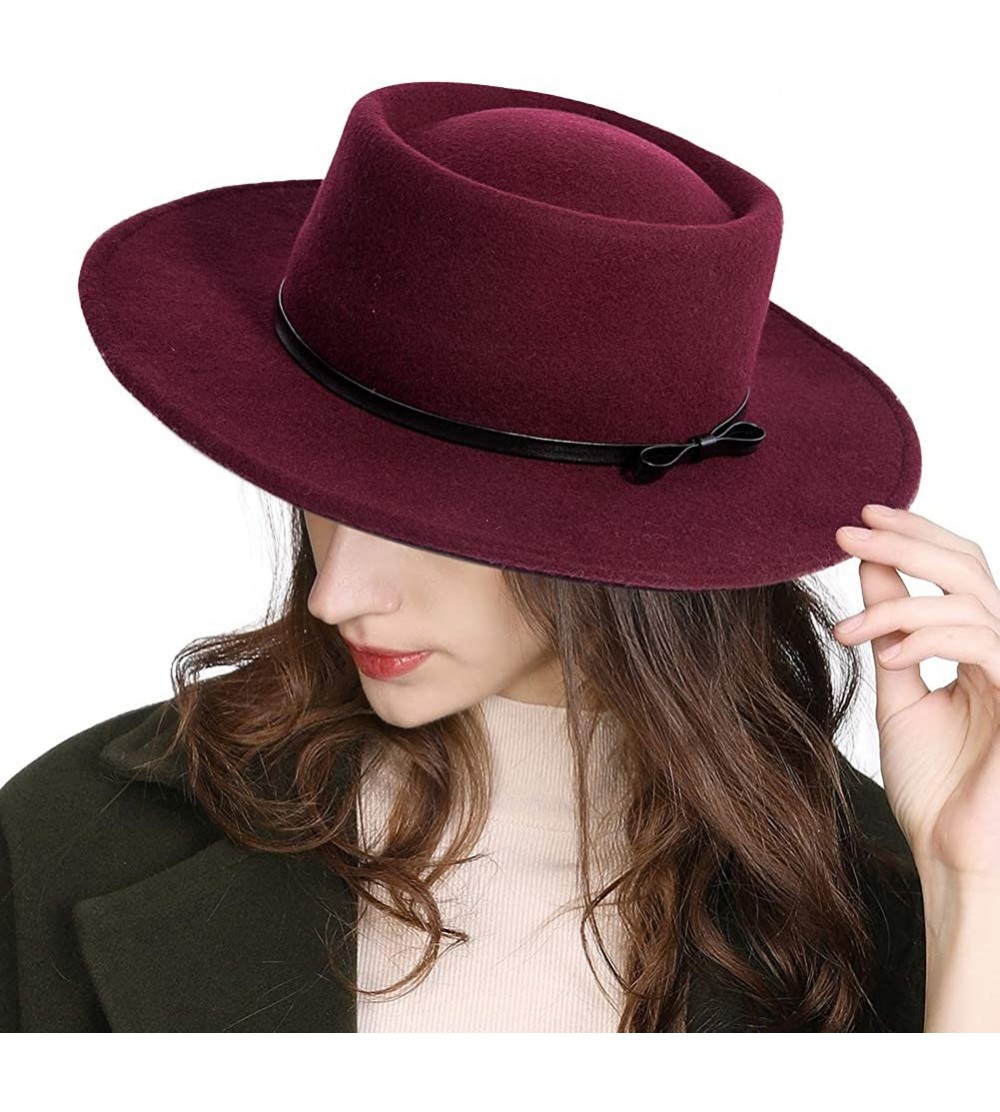 Fedoras Womens 100% Wool Felt Fedora Hat Wide Brim Floppy/Porkpie/Trilby Style - 88350burgundy - C318ILDZER2 $38.86