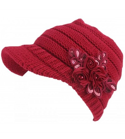 Newsboy Caps Women Winter Beanie Fit Small Head-Cable Knit Hats Newsboy Cap Visor with Sequined Flower Artificial Wool Snow -...
