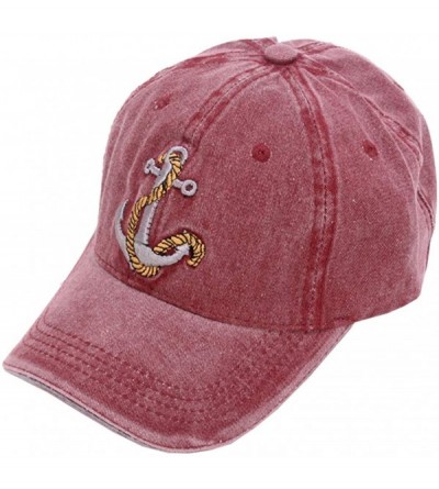 Baseball Caps Unisex Anchor Embroidery Denim Hat Vintage Washed Baseball Cap Captain - Wine - C118N72K6TC $12.37