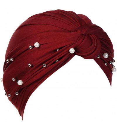 Balaclavas Women Muslim Turban Pearl Hat Bonnet Hijab Headscarf Islamic Chemo Cap - Wine - CB18RZXHNO8 $12.48