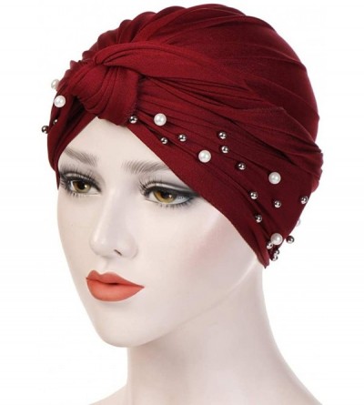 Balaclavas Women Muslim Turban Pearl Hat Bonnet Hijab Headscarf Islamic Chemo Cap - Wine - CB18RZXHNO8 $12.48
