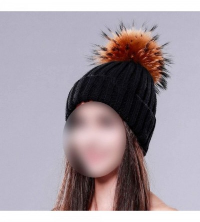 Skullies & Beanies Knitted Real Fur Hat 100% Real Raccoon Fur Pom Pom Hat Winter Women Hat Beanie for Women - Black - CC18LZ7...