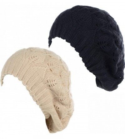 Berets Winter Chic Warm Double Layer Leafy Cutout Crochet Chunky Knit Slouchy Beret Beanie Hat Solid - C718X4M3W59 $39.26
