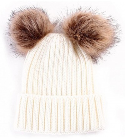 Skullies & Beanies Women Winter Chunky Knit Double Pom Pom Beanie Hats Cozy Warm Slouchy Hat - Beige - CK188RQ3YXQ $20.57