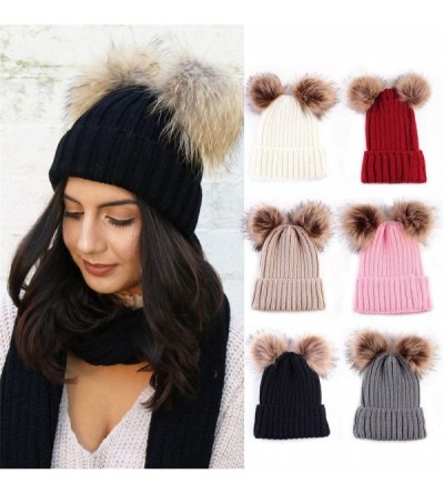Skullies & Beanies Women Winter Chunky Knit Double Pom Pom Beanie Hats Cozy Warm Slouchy Hat - Beige - CK188RQ3YXQ $13.26