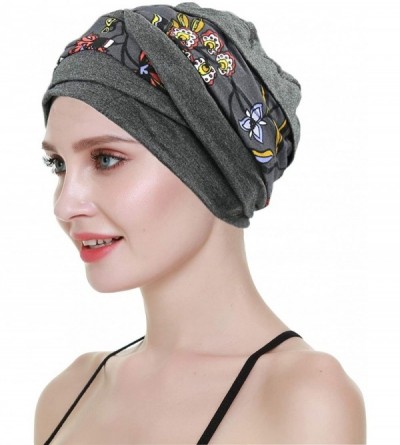 Skullies & Beanies Slip-on Lightweight Chemo Turbans for Women Hair Loss-Breathable Bamboo - Gray Floral - CK192O734SS $16.96