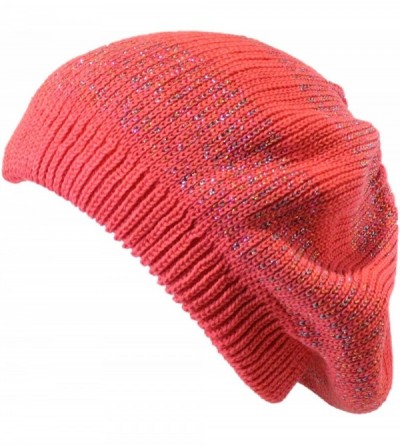 Berets Women's Warm Metallic Stripe Knit Beret Hat - Pink - C411LGXXASF $23.72