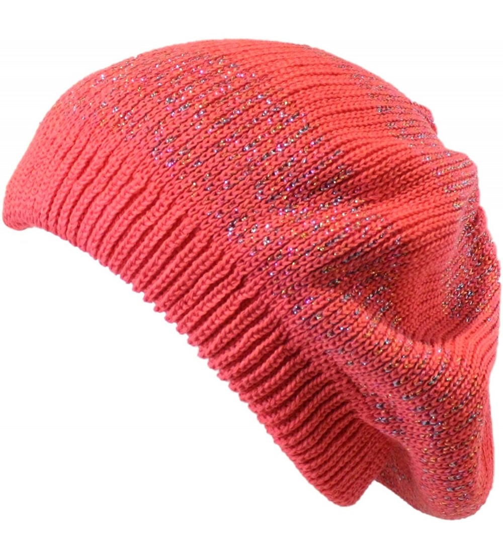 Berets Women's Warm Metallic Stripe Knit Beret Hat - Pink - C411LGXXASF $9.43
