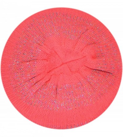Berets Women's Warm Metallic Stripe Knit Beret Hat - Pink - C411LGXXASF $9.43