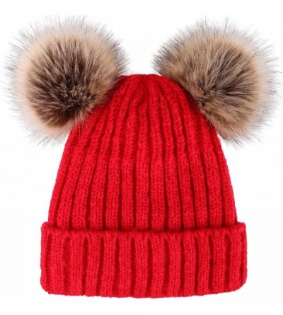 Skullies & Beanies Womens Winter Thick Cable Knit Beanie Hat with Faux Fur Pompom Ears - Red Beanie With Coffee Pompom - CZ18...