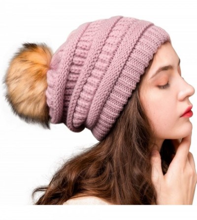 Skullies & Beanies Womens Winter Knit Slouchy Beanie Hat Warm Skull Ski Cap Faux Fur Pom Pom Hats for Women - CI18HHRQ7OA $23.45