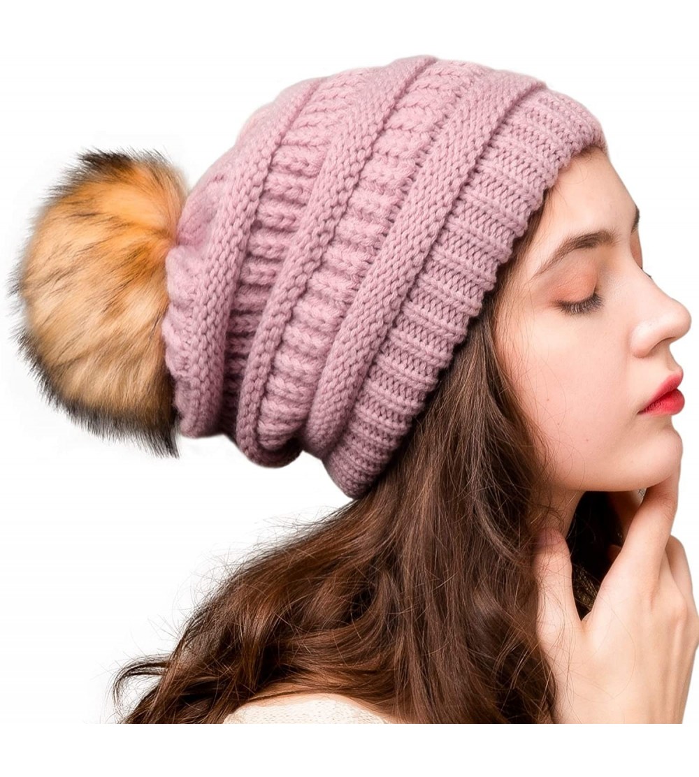 Skullies & Beanies Womens Winter Knit Slouchy Beanie Hat Warm Skull Ski Cap Faux Fur Pom Pom Hats for Women - CI18HHRQ7OA $11.57