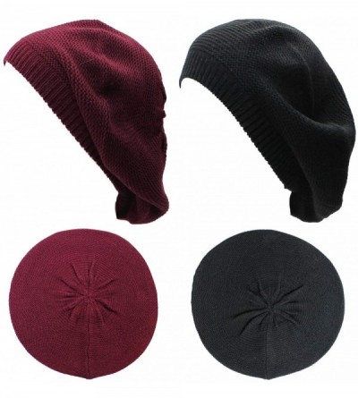 Berets JTL Beret Beanie Hat for Women Fashion Light Weight Knit Solid Color - 2pcs-pack Wine and Black - CJ18QHLQADU $14.06