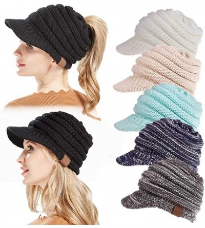 Skullies & Beanies Women's Warm Chunky Cable Knit Messy Bun Hat Ponytail Visor Beanie Cap - Grey White Mix - CE18HYTOGIE $20.72