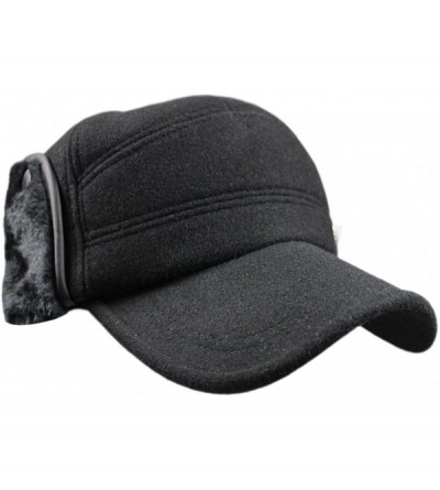 Baseball Caps Mens Winter Woolen Flat Top Army Millitary Baseball Cap Hat with Furred Earmuffs - Black - CX12NRWHRVR $12.09