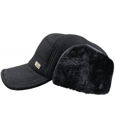 Baseball Caps Mens Winter Woolen Flat Top Army Millitary Baseball Cap Hat with Furred Earmuffs - Black - CX12NRWHRVR $12.09