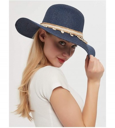 Sun Hats Womens Beach Straw Hat Wide Brim Summer UV Hat UPF 50+ Floppy Foldable Roll up Cap Sun Hat - Blue - CZ194ONG4Z6 $12.83