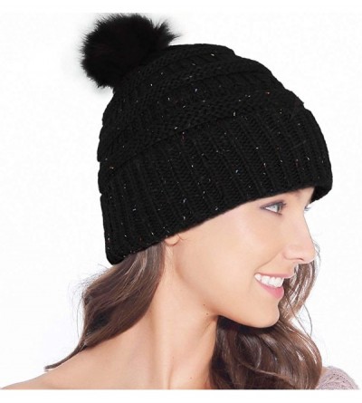 Skullies & Beanies Fur Pom Pom Beanie for Women Hat Winter Knit Wool Hats Warrm Soft Skull ski Cap - Black - CZ18Z8SDKO3 $9.15