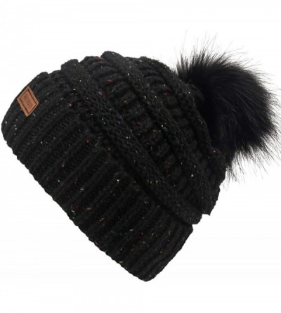 Skullies & Beanies Fur Pom Pom Beanie for Women Hat Winter Knit Wool Hats Warrm Soft Skull ski Cap - Black - CZ18Z8SDKO3 $9.15
